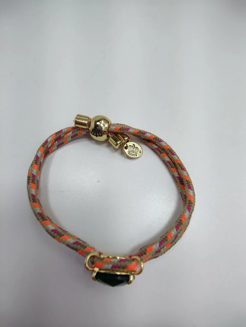 Juicy Couture Retro Adjustable Cord Bracelet Green Faceted Stone Gold Tone Crown